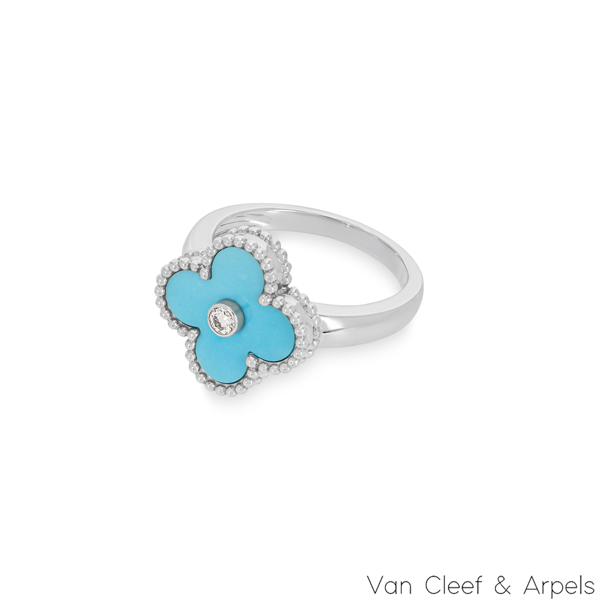 Van Cleef & Arpels White Gold Turquoise & Diamond Vintage Alhambra Ring